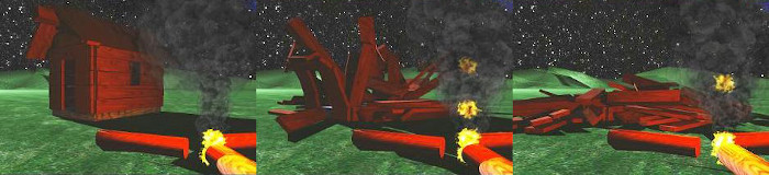 Physically simulated cabin that collapses when set on fire