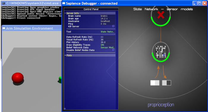 Probe with 2-DOF arm and simulation running in background
