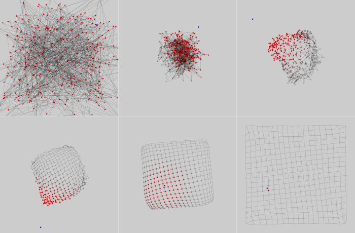 SOM learning to represent a uniform 2D square distribution