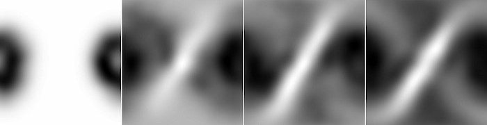 Learned value function after trials 1, 5, 20, & 100 for the swing-up task. X axis is angle. Y axis is angular velocity.